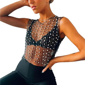 Women's Black Rhinestone Mesh Top,Dress Pearl Crop Top,Sexy Pearl Mesh Dress